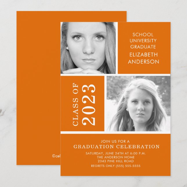 Invitation de Graduation Photo Orange Moderne (Devant / Derrière)