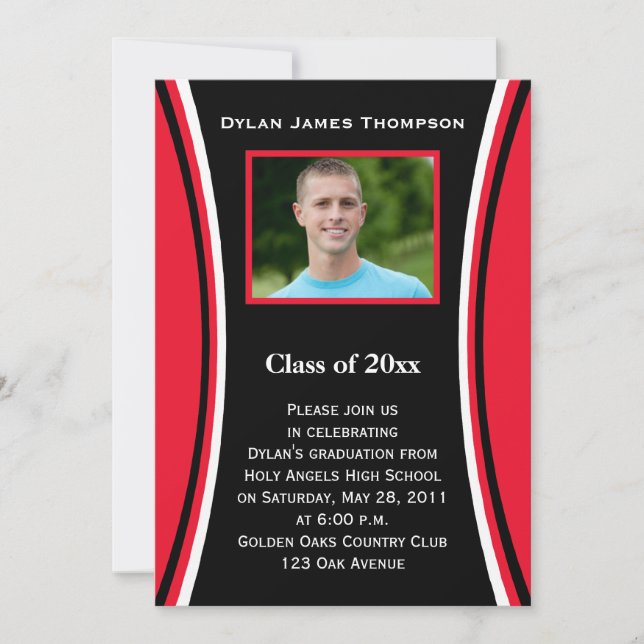 Invitation de graduation photo rouge, noir, blanc (Devant)