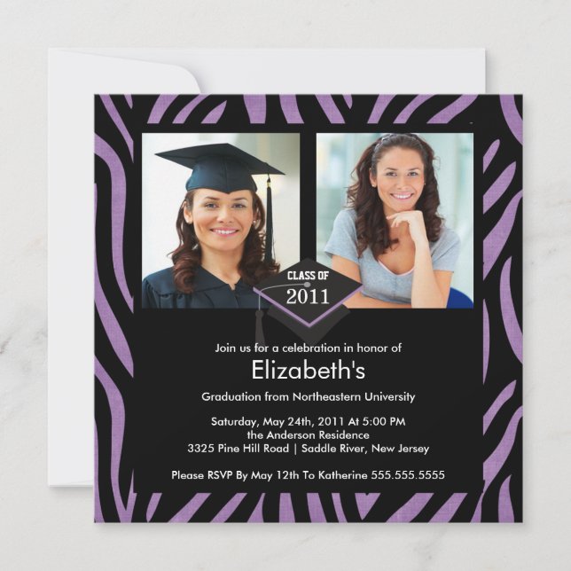 Invitation de graduation photo Zebra Purple Imprim (Devant)