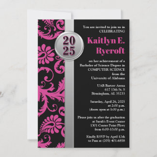 Invitation de graduation rose, noir et argent 2024