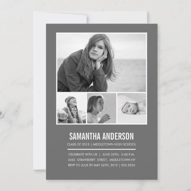 Invitation de graduation simple - Gris (Devant)