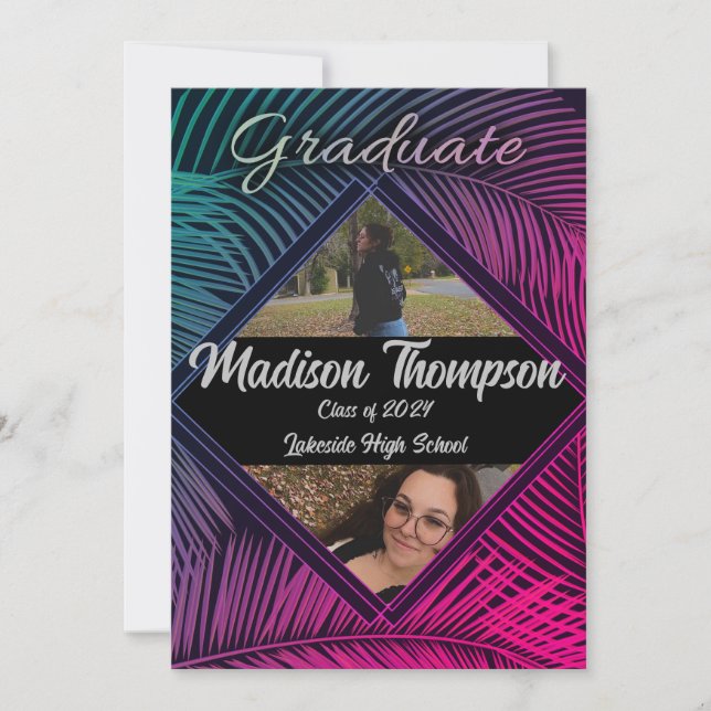 Invitation de graduation tropicale fluorescente de (Devant)