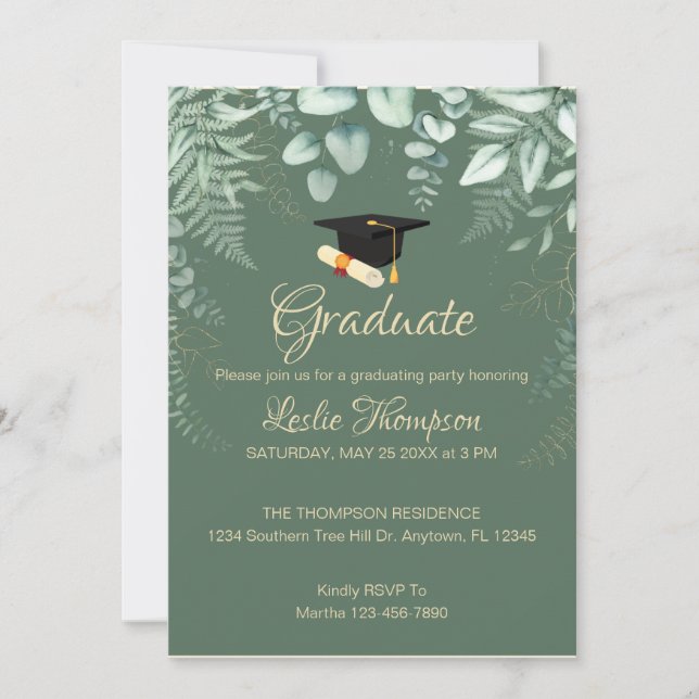 Invitation de graduation végétale de couleur foncé (Devant)