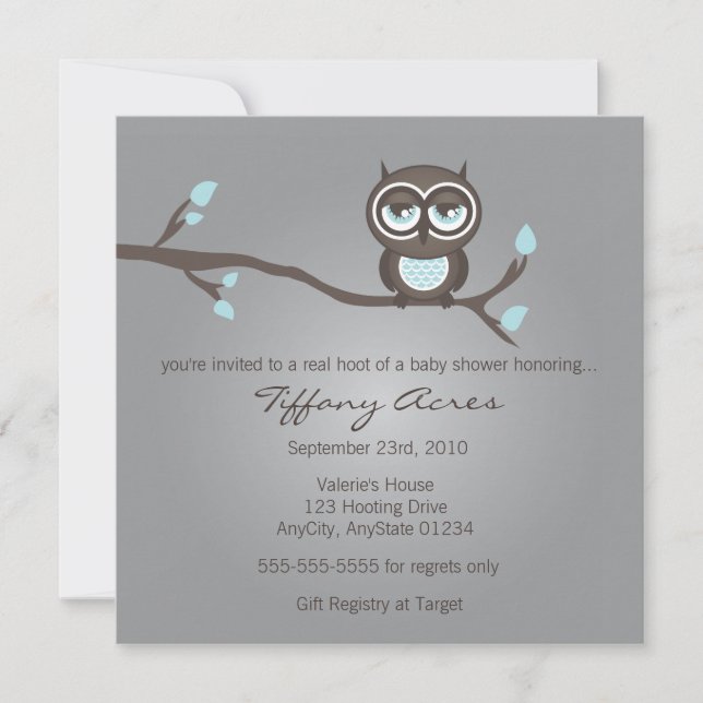 Invitation de hibou gris, bleu et Brown (Devant)