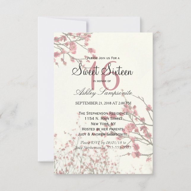 Invitation De jolies fleurs de cerisiers sur un blanc élégant (Devant)