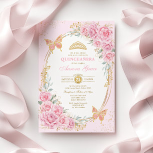 Invitation De jolies roses roses papillons Quinceañera