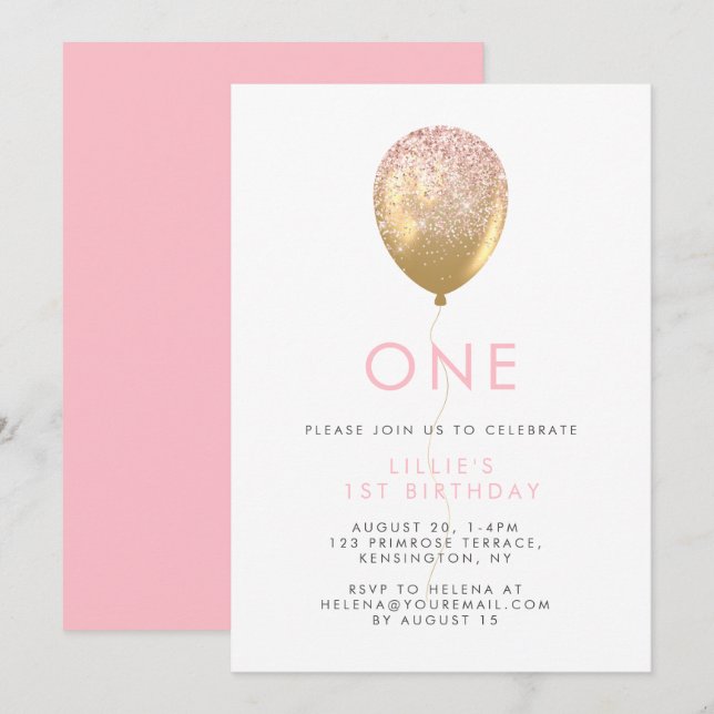 Invitation de la 1ère fête d'anniversaire rose et  (Devant / Derrière)