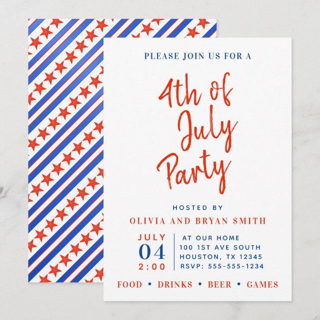 Invitation de la 4 juillet Rouge Blanc et Bleu (Devant / Derrière)