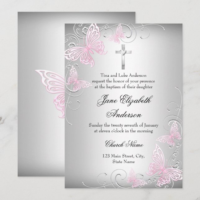 Invitation de la croix de papillon rose en argent (Devant / Derrière)