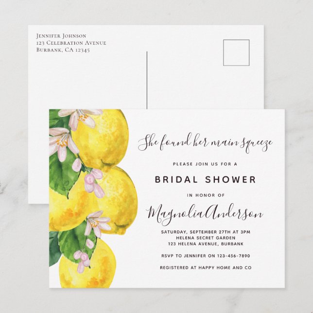 Invitation de la douche nuptiale citron principal (Devant / Derrière)