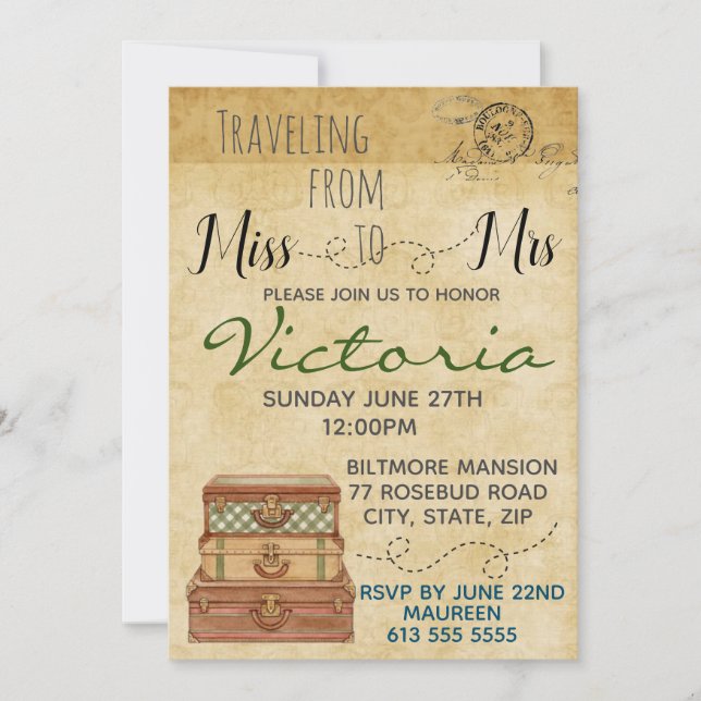 Invitation de la douche nuptiale de voyage (Devant)