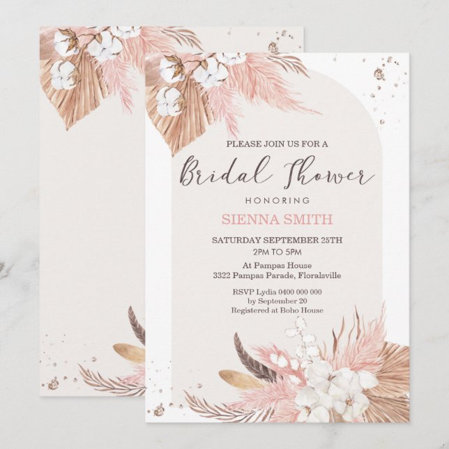 Invitation de la douche nuptiale Pampas Boho Arch (Devant / Derrière)
