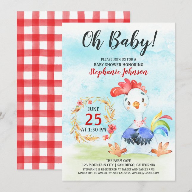 Invitation de la ferme de Baby shower de coq d'aqu (Devant / Derrière)