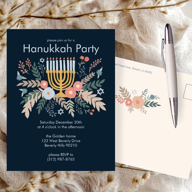 Invitation de la fête à main de Florals Hanoukka (Hanukkah Florals Hand-draw CUSTOM Party Invitation Postcard
)