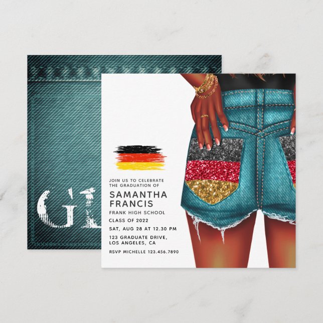 Invitation de la Fête allemande Denim Girl Graduat (Devant / Derrière)