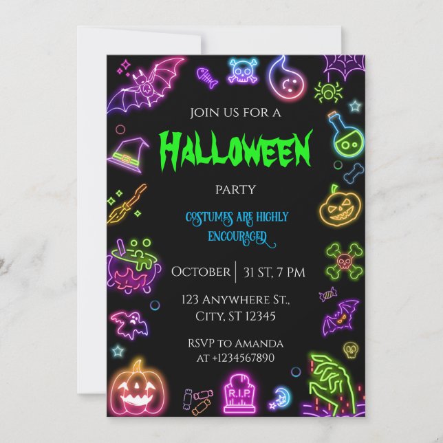 Invitation de la fête costumée Halloween Neon (Devant)