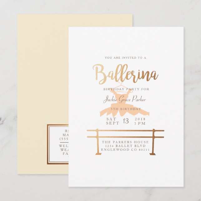 Invitation de la fête d'anniversaire de Ballerina (Devant / Derrière)