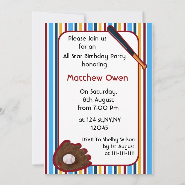 Invitation de la fête d'anniversaire de baseball (Devant)