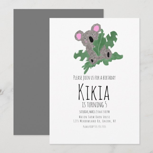 Invitation de la fête d'anniversaire de Koala (Devant / Derrière)