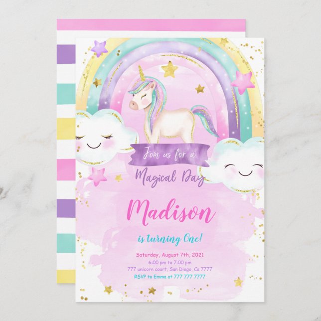 Invitation de la fête d'anniversaire de la Unicorn (Devant / Derrière)