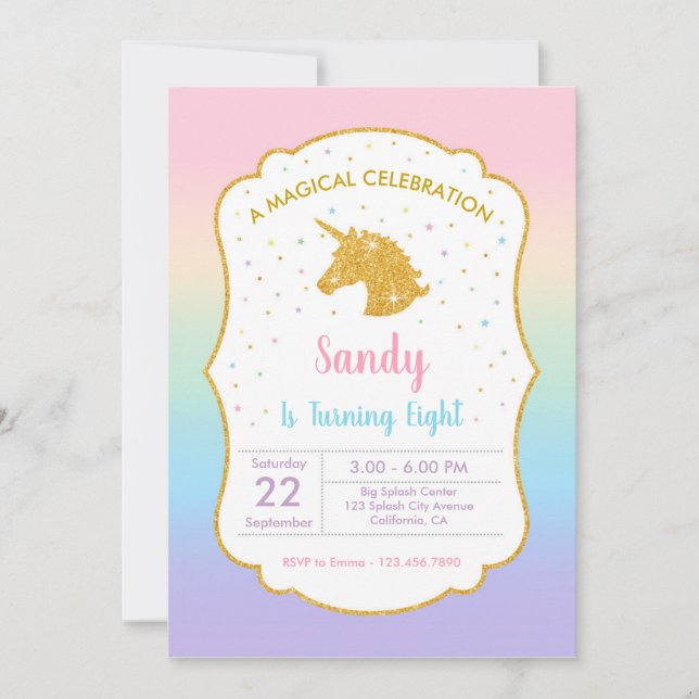 Invitation de la fête d'anniversaire de la Unicorn (Devant)