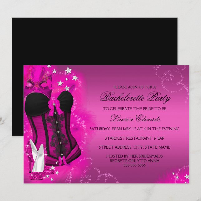 Invitation de la fête de bachelorette rose en plum (Devant / Derrière)