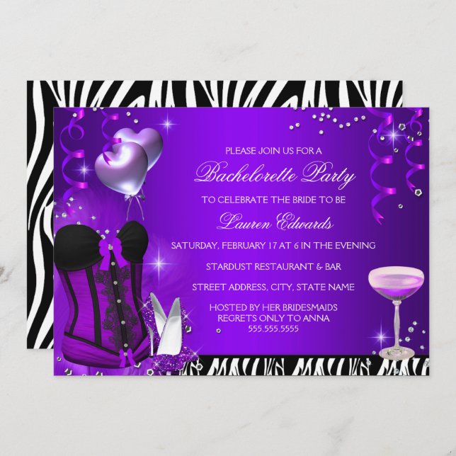 Invitation de la fête de Bachelorette violette Cor (Devant / Derrière)