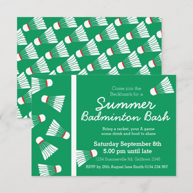 Invitation de la fête de bash badminton d'été vert (Devant / Derrière)