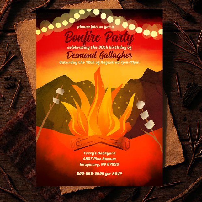 Invitation de la fête de feu de Jardin du coucher  (Sunset Backyard Bonfire Party Invitation
)