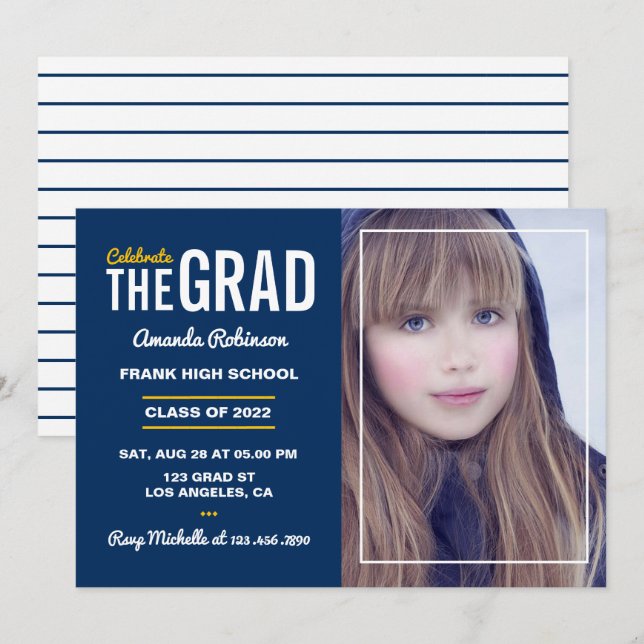 Invitation de la fête de graduation bleu et blanc (Devant / Derrière)