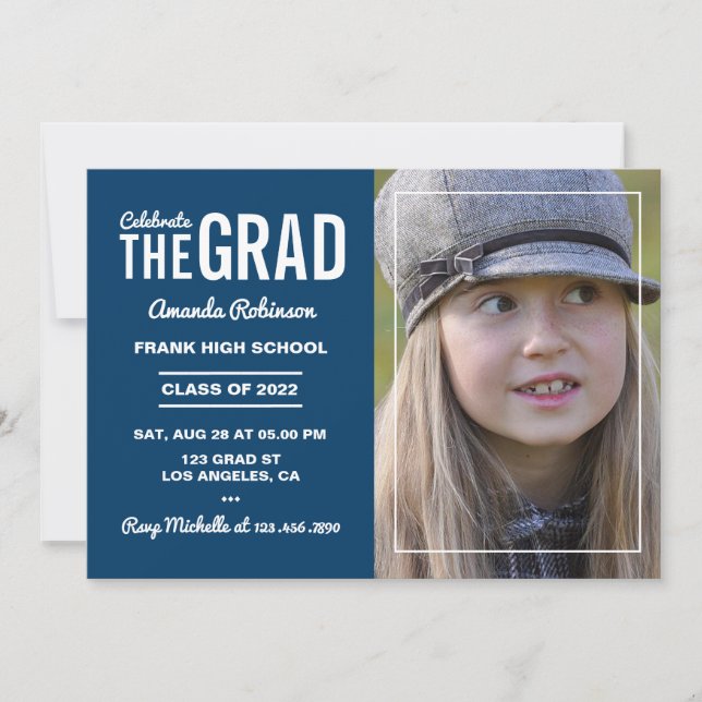 Invitation de la fête de graduation bleu et blanc (Devant)