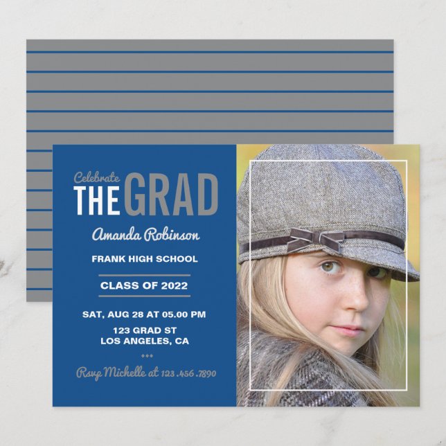 Invitation de la fête de graduation bleu et gris (Devant / Derrière)