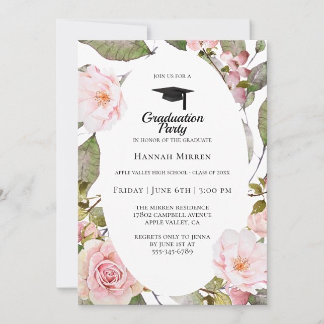 Invitation de la fête de graduation botanique rose (Devant)