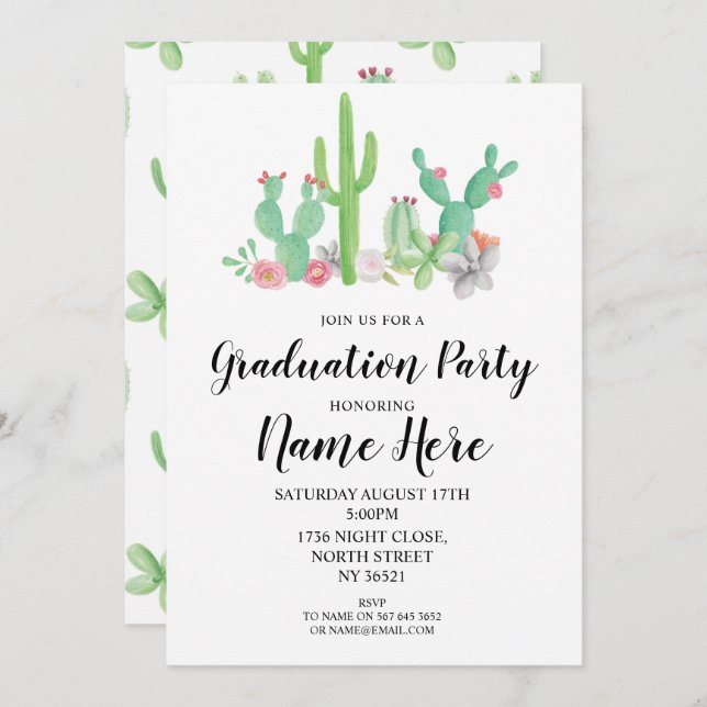 Invitation de la fête de graduation Cactus Aquarel (Devant / Derrière)
