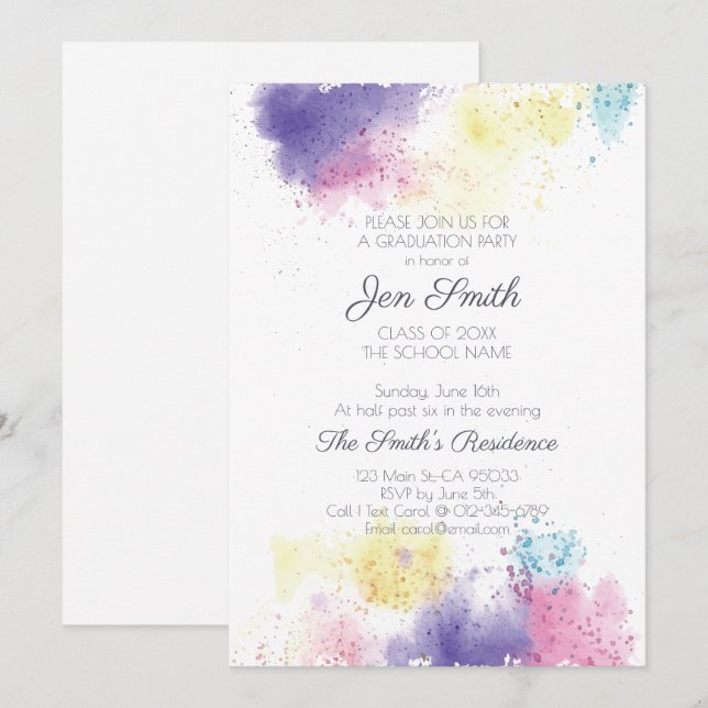 Invitation de la fête de graduation d'aquarelle mo (Devant / Derrière)