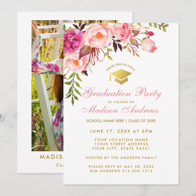 Invitation de la fête de graduation en fleurs rose (Devant / Derrière)