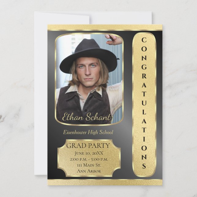 Invitation de la fête de graduation Gold & Black (Devant)