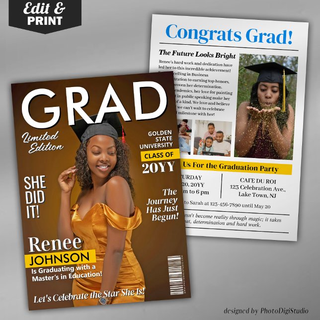 Invitation de la Fête de graduation moderne Couver (Editable Graduation Party Invitation, Modern Graduate Magazine Cover Invite and Announcement)