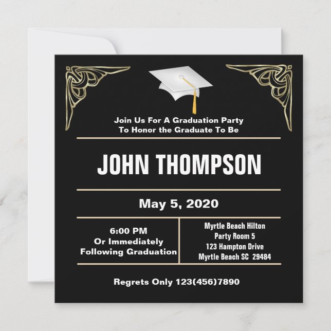 Invitation de la fête de graduation noire et blanc (Devant)