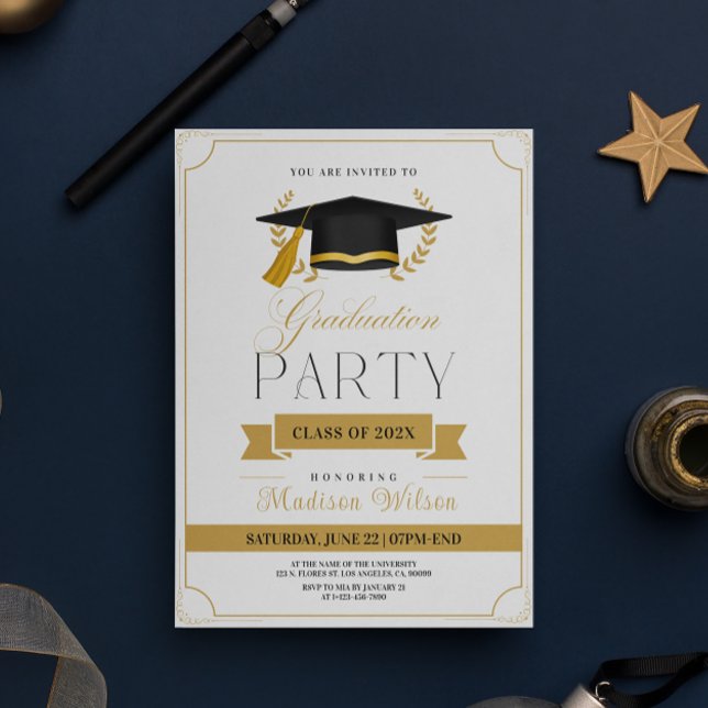 Invitation de la fête de graduation or et blanc (Créateur téléchargé)