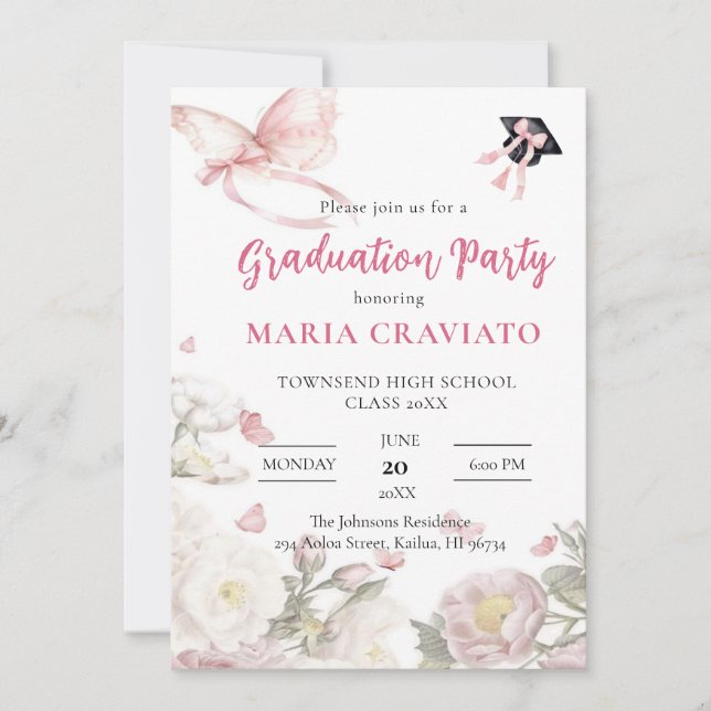 Invitation de la fête de graduation papillon et fl (Devant)
