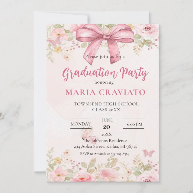 Invitation de la fête de graduation rose et floral (Devant)