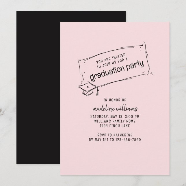 Invitation de la fête de graduation rose et noir (Devant / Derrière)