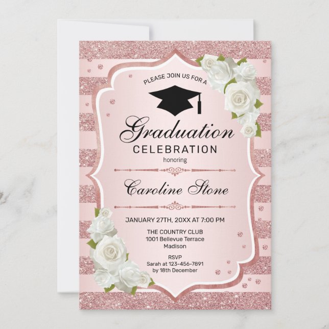 Invitation de la fête de graduation - Rose Gold Wh (Devant)