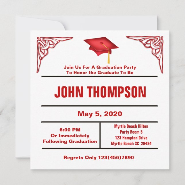 Invitation de la fête de graduation rouge et blanc (Devant)
