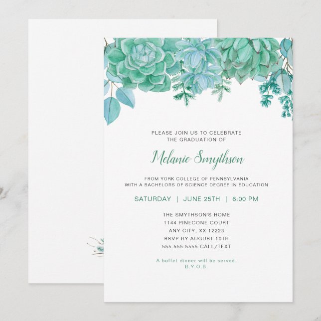 Invitation de la fête de graduation Trendy Succule (Devant / Derrière)