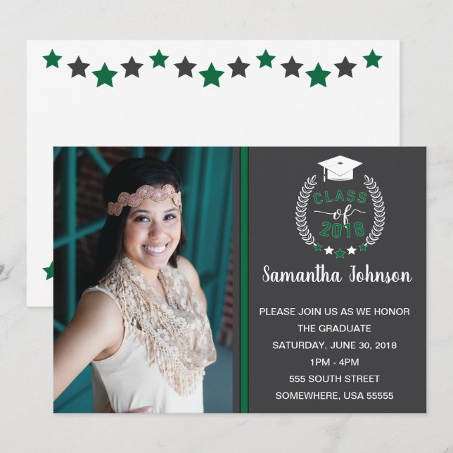 Invitation de la fête de graduation verte et grise (Devant / Derrière)