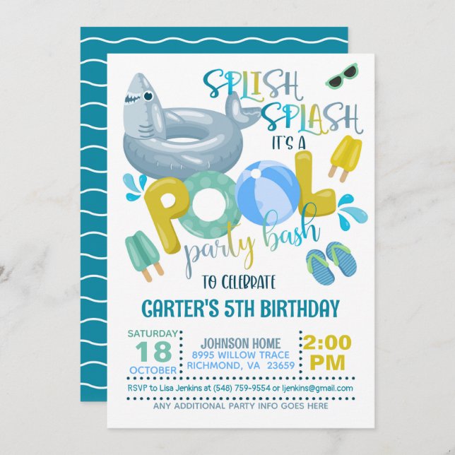 Invitation de la fête de la piscine de requins (Devant / Derrière)