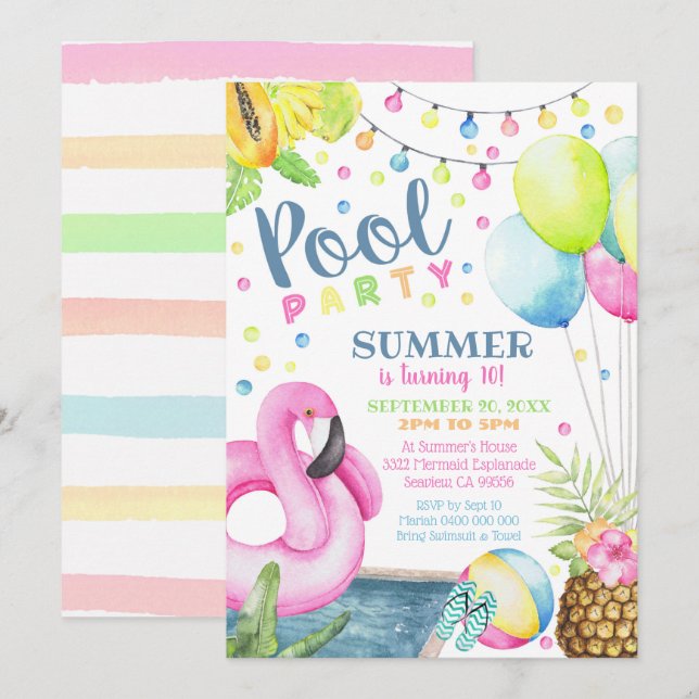 Invitation de la fête de la piscine Flamant rose a (Devant / Derrière)