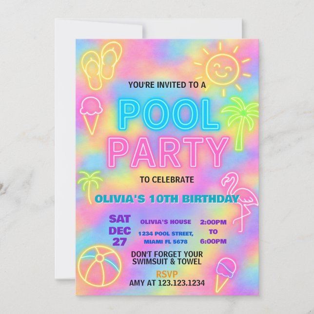 Invitation de la fête de la piscine Neon Splash (Devant)